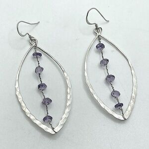 Vtg Sterling & Amethyst Hammered Texture Marquis Shaped Hook Earrings / 2.6”